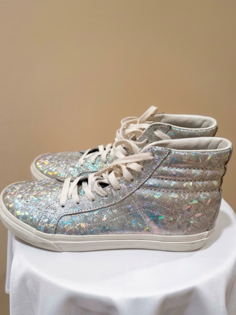 Vans Sk8-Hi Silver Glitter Holographic High-Top Sneakers - Size 9